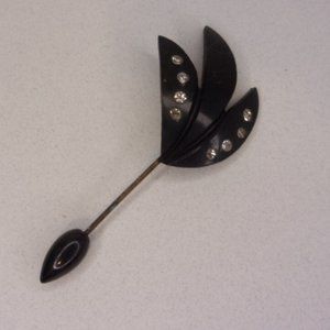 Antique Art Deco Black Plastic Rhinestone Accent Stick Pin Hat Pin